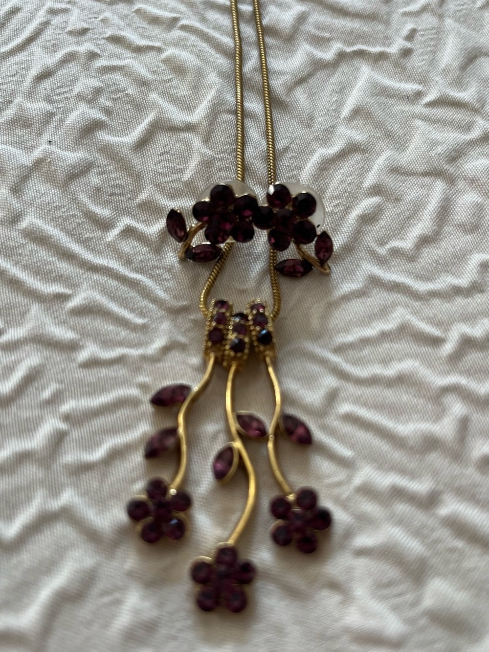 Vintage Gold-Tone Necklace with Deep Purple Floral Drops